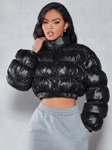 SHEIN BAE Zip Up Crop Padded Coat For Winter - Black - View 5