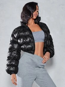 SHEIN BAE Zip Up Crop Padded Coat For Winter - Black - View 6