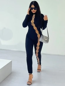 O-Ring Detail Cutout Jumpsuit - Black - View 3