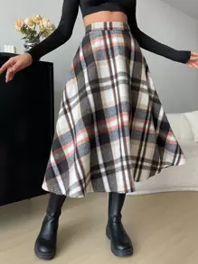 SHEIN EZwear 高腰格紋喇叭半身裙 - 彩色 - 查看 1