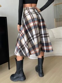 SHEIN EZwear 高腰格紋喇叭半身裙 - 彩色 - 查看 2