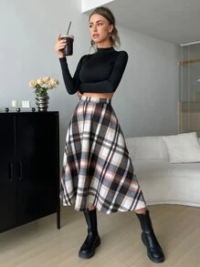 SHEIN EZwear 高腰格紋喇叭半身裙 - 彩色 - 查看 3