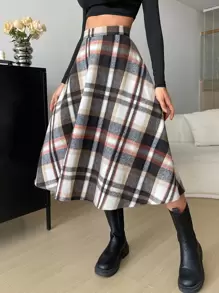 SHEIN EZwear 高腰格紋喇叭半身裙 - 彩色 - 查看 4