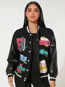 SHEIN PETITE Letter Graphic Striped Trim Drop Shoulder Varsity Jacket - Black - View 1