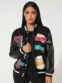 SHEIN PETITE Letter Graphic Striped Trim Drop Shoulder Varsity Jacket - Black - View 5