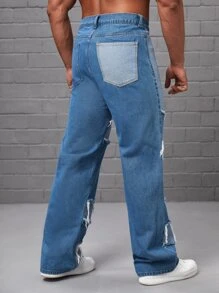 Manfinity RebelGame Men Cotton Colorblock Raw Trim Straight Leg Jeans - Blue - View 2