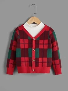 SHEIN Toddler Boys Plaid Pattern Cardigan - Multicolor - View 4