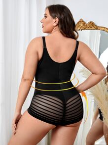Plus Contrast Mesh Shapewear Bodysuit - Black - View 2