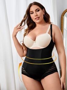 Plus Contrast Mesh Shapewear Bodysuit - Black - View 3