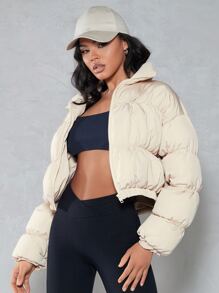 SHEIN BAE Zip Up Crop Padded Coat For Winter - Beige - View 1