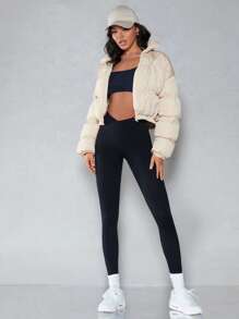 SHEIN BAE Zip Up Crop Padded Coat For Winter - Beige - View 3