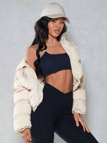 SHEIN BAE Zip Up Crop Padded Coat For Winter - Beige - View 5