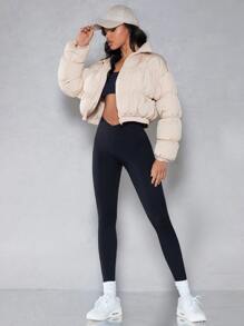 SHEIN BAE Zip Up Crop Padded Coat For Winter - Beige - View 6