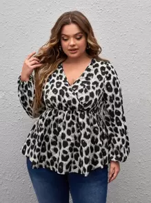 SHEIN Clasi Plus Leopard Print Overlap Collar Lantern Sleeve Peplum Blouse - Multicolor - View 1