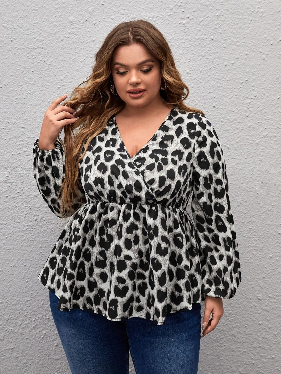 SHEIN Clasi Plus Leopard Print Overlap Collar Lantern Sleeve Peplum Blouse - Multicolor - View 1