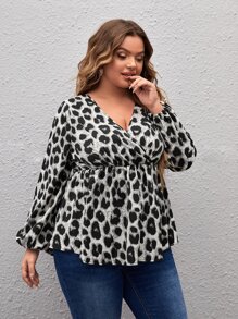 SHEIN Clasi Plus Leopard Print Overlap Collar Lantern Sleeve Peplum Blouse - Multicolor - View 5