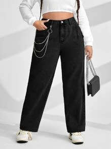 Plus High Waist Chain Detail Straight Leg Jeans - Black - View 4