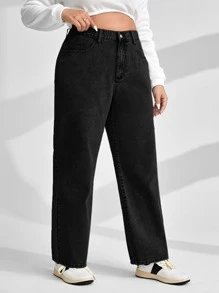 Plus High Waist Chain Detail Straight Leg Jeans - Black - View 6