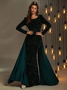 Faeriesty Contrast Sequin Mermaid Hem Prom Dress - Dark Green - View 1