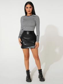 SHEIN PETITE Áo thun nữ Sọc Giải trí - Đen và trắng - Xem 3