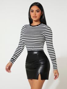 SHEIN PETITE Áo thun nữ Sọc Giải trí - Đen và trắng - Xem 4