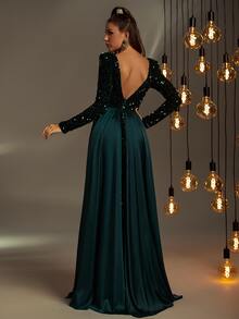 Faeriesty Contrast Sequin Mermaid Hem Prom Dress - Dark Green - View 2