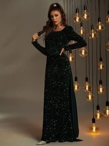 Faeriesty Contrast Sequin Mermaid Hem Prom Dress - Dark Green - View 4