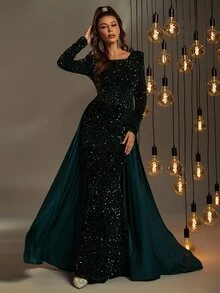 Faeriesty Contrast Sequin Mermaid Hem Prom Dress - Dark Green - View 5