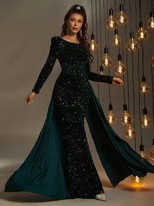 Faeriesty Contrast Sequin Mermaid Hem Prom Dress - Dark Green - View 6