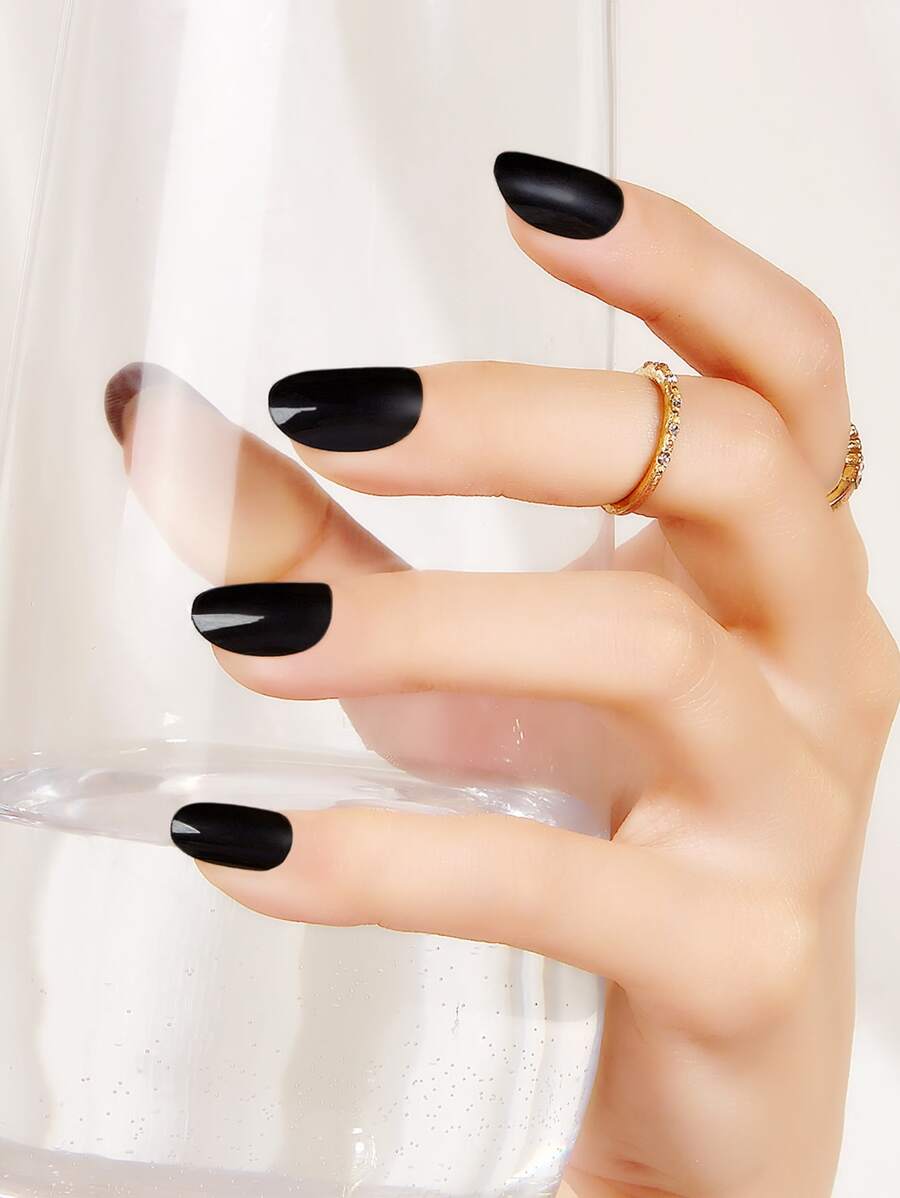 Nail Nina 24 cái Dài Hình Bầu Dục Rắn Móng Tay Giả & 1 Tấm Băng & 1 Cái Dũa Móng Tay - màu đen - Xem 1