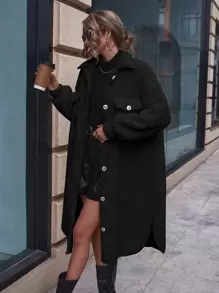 SHEIN LUNE Abrigo teddy de hombros caídos con bolsillo con solapa bajo con abertura - Negro - Ver 1