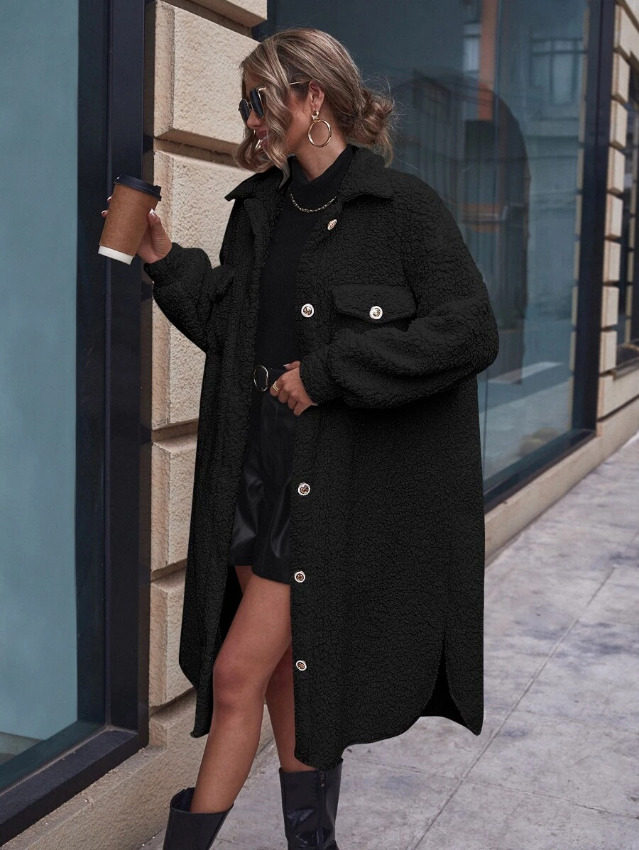 SHEIN LUNE Abrigo teddy de hombros caídos con bolsillo con solapa bajo con abertura - Negro - Ver 1