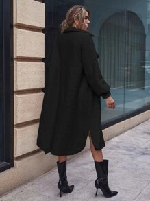 SHEIN LUNE Abrigo teddy de hombros caídos con bolsillo con solapa bajo con abertura - Negro - Ver 2