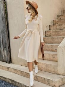 SHEIN Unity Cable Knit Belted Jumper Dress - Apricot - View 2