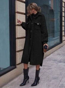 SHEIN LUNE Abrigo teddy de hombros caídos con bolsillo con solapa bajo con abertura - Negro - Ver 3