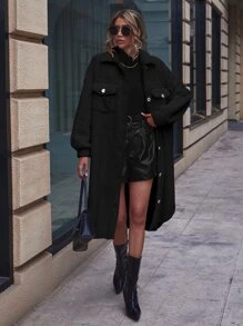 SHEIN LUNE Abrigo teddy de hombros caídos con bolsillo con solapa bajo con abertura - Negro - Ver 4