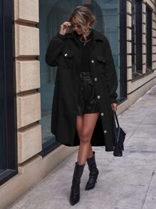 SHEIN LUNE Abrigo teddy de hombros caídos con bolsillo con solapa bajo con abertura - Negro - Ver 5