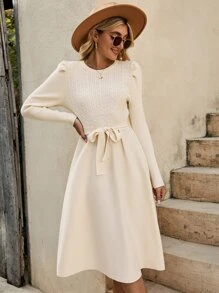 SHEIN Unity Cable Knit Belted Jumper Dress - Apricot - View 6