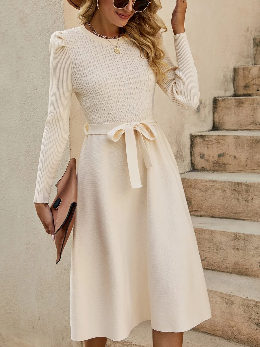 SHEIN Unity Cable Knit Belted Jumper Dress - Apricot - View 1