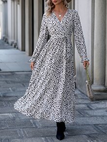 Dalmatian Print Overlap Collar Flounce Sleeve Belted Dress - White - View 4
