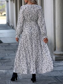 Dalmatian Print Overlap Collar Flounce Sleeve Belted Dress - White - View 2
