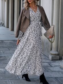 Dalmatian Print Overlap Collar Flounce Sleeve Belted Dress - White - View 3