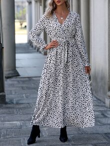 Dalmatian Print Overlap Collar Flounce Sleeve Belted Dress - White - View 5