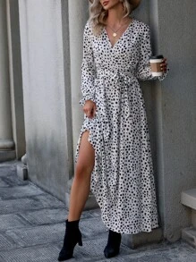 Dalmatian Print Overlap Collar Flounce Sleeve Belted Dress - White - View 1