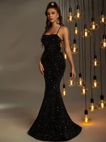黑色系带露背亮片正式礼服，优雅正式晚宴礼服，适合婚礼宾客、毕业典礼、宴会及其他场合。