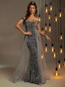 Off Shoulder Mesh Panel Sequin Prom Dress Evening Gown - Dark Grey - View 1