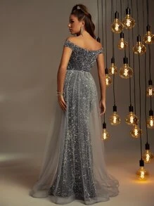 Off Shoulder Mesh Panel Sequin Prom Dress Evening Gown - Dark Grey - View 2