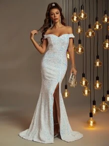 Off Shoulder Split Thigh Sequin Prom Dress - White - View 1