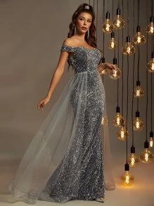 Off Shoulder Mesh Panel Sequin Prom Dress Evening Gown - Dark Grey - View 5