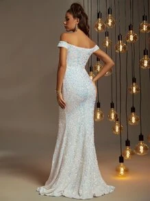Off Shoulder Split Thigh Sequin Prom Dress - White - View 2